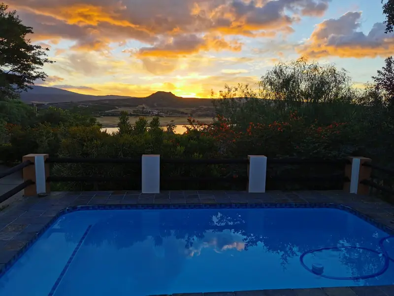 Golden hour twilight over the rim-deck pool